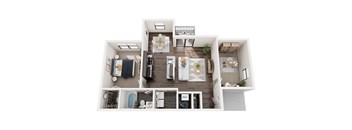 a bedroom with a living room and a dining room