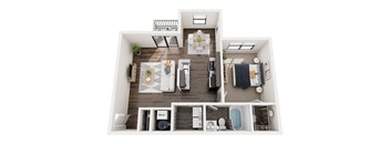 a bedroom with a living room and a dining room
