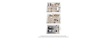A 3D floor plan of a house with two bedrooms, two bathrooms, a living room, a kitchen, and a garage.
