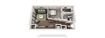 A 3D floor plan of a small apartment with a living room, kitchen, and bathroom.