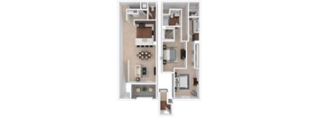 A floor plan of an apartment with a kitchen, living room, and bedrooms.