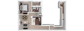 A floor plan of a small apartment with a kitchen, living room, and bathroom.