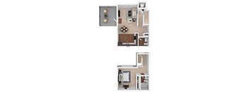 A floor plan of a small apartment with a kitchen, living room, and bedroom.
