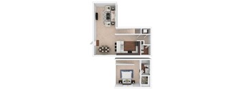 A floor plan of a small apartment with a bedroom, living room, and kitchen.