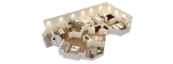 A 3D rendered image of a house layout.