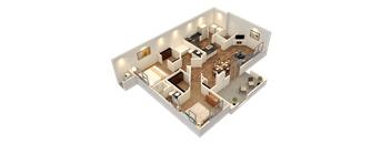 A 3D rendered image of a house layout.