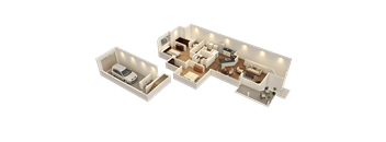 A 3D floor plan of a house with two bedrooms, a living room, a kitchen, and a garage.