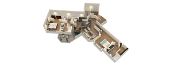 A 3D floor plan of a house with a living room, kitchen, dining room, and two bedrooms.