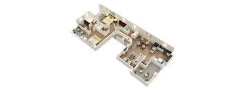 A 3D floor plan of a house with multiple rooms.