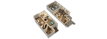 Two 3D rendered images of a house layout.