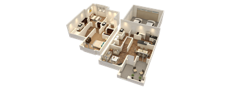 A 3D rendered image of a house layout.