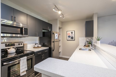 A modern kitchen with a stove top oven and a refrigerator.