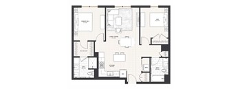 A floor plan of a house with a primary bedroom, a living/dining room, a kitchen, a bathroom, a walk-in closet, and a workspace.