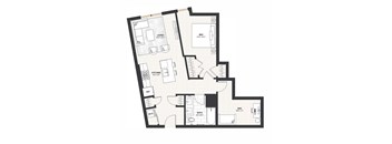 A black and white image of a house floor plan with a living room, kitchen, bedroom, bathroom, and den.
