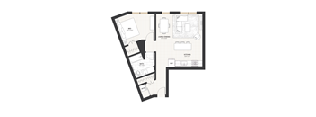 A floor plan of an apartment with a bedroom, bathroom, living room, and kitchen.