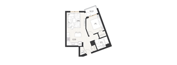 A  floor plan of an apartment with a balcony, living room, kitchen, bathroom, and bedroom