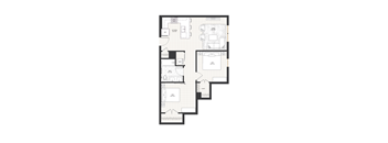 A floor plan of an apartment with a living room, dining room, kitchen, and bathroom