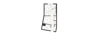 A floor plan of a studio apartment with a living room, dining room, kitchen, and sleeping area.