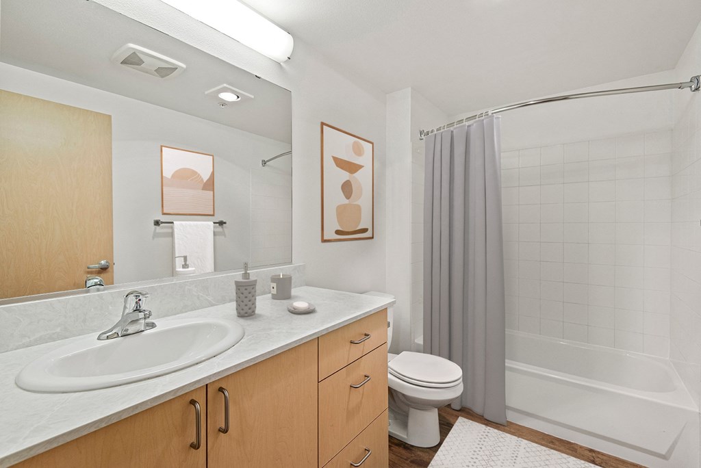 a bathroom with a sink and a shower and a toilet