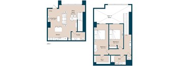 A floor plan of a two-level home with a living room, kitchen, powder room, and two bedrooms.
