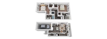 two dimensional floor plans of a 3 bedroom house with a bathroom and a living room
