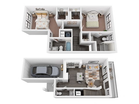 two dimensional floor plans of a 3 bedroom house with a bathroom and a living room