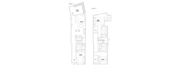 A floor plan of a two level apartment with a living room, dining room, kitchen, and bedrooms.