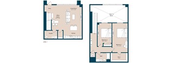A floor plan of a two-story house with a powder room, office space, kitchen, and two bedrooms.