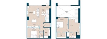 A floor plan of a two bedroom apartment with an office space and a living room.