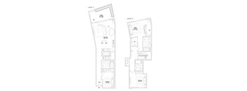 A floor plan of a two level apartment with a living room, bedrooms and bathrooms.