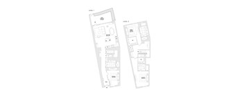 Two floor plans for a building, one with a living room and kitchen, the other with a living room, kitchen, and two bathrooms.