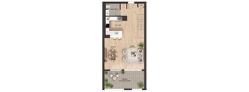 A floor plan of a house with a private outdoor space.
