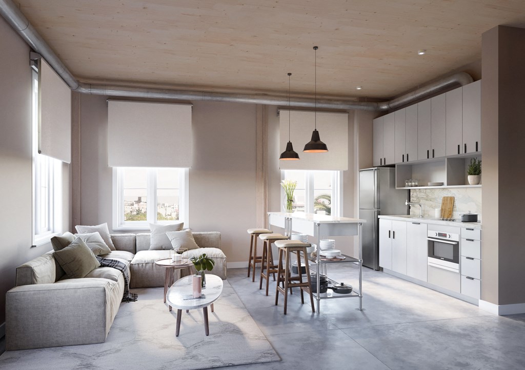 a rendering of a living room and kitchen in a loft