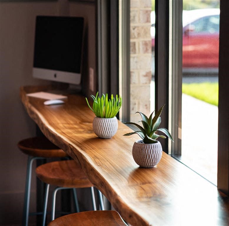 a wooden desk with a computer and plants on it