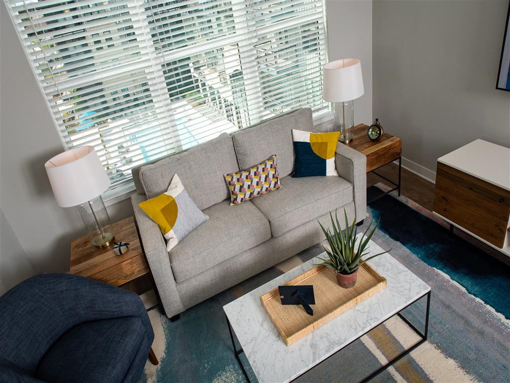 a living room with a gray couch and a potted plant