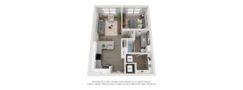 A 3D floor plan of a house with a kitchen, living room, and bathroom.