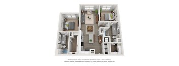 A 3D floor plan of a house with labeled rooms.