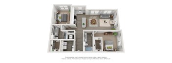 A 3D floor plan of a house with a kitchen, living room, dining room, and two bedrooms.