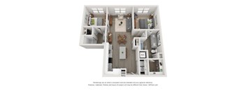 A 3D floor plan of a small apartment with a kitchen, living room, and bathroom.