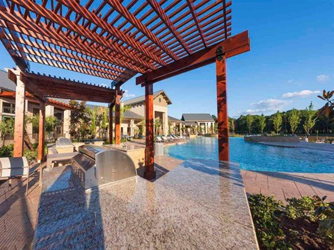 Pergola overlooking a swimming pool  at The Pointe at Valley Ranch Town Center, Texas, 77357