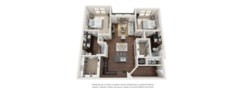 a 3d floor plan of our 1128 sq ft studio