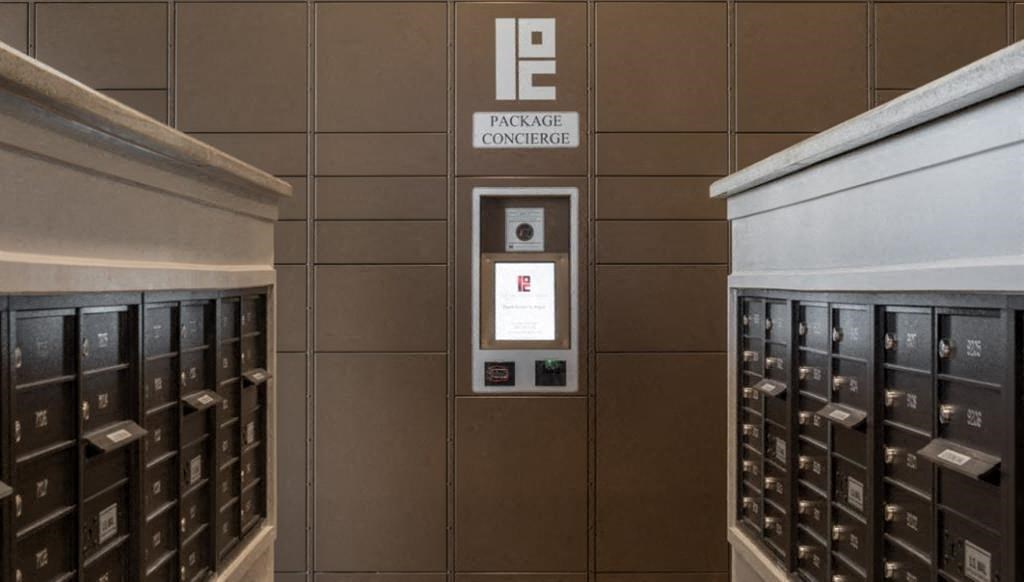 a large wall of mailboxes in a building