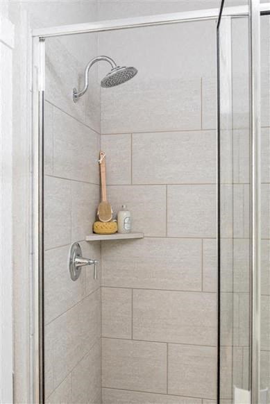 a bathroom with a shower and a shelf in it