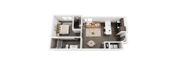 a stylized floor plan with a bedroom and a living room
