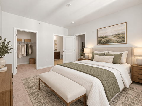 A bedroom with a large bed, a bench, and a painting on the wall.