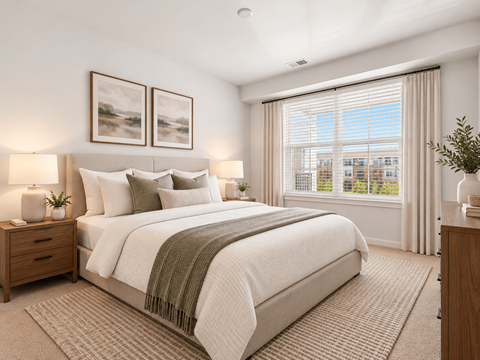 A bedroom with a large bed, two lamps, and a window with a view of a building outside.