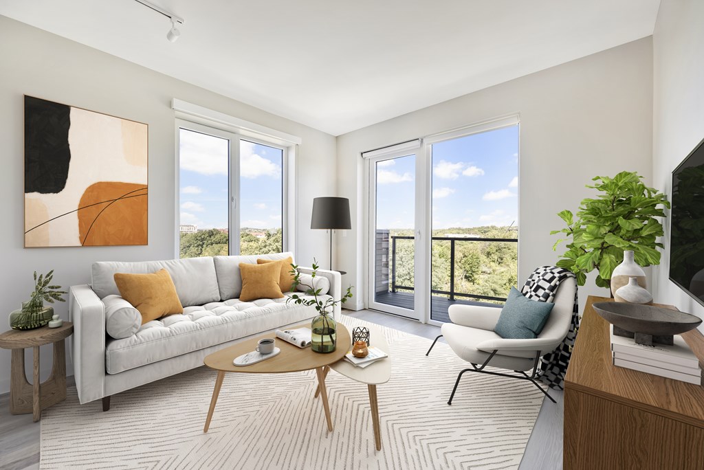 2 bedroom apartment living room overlooking the Charles River