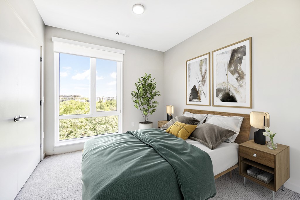 Bright bedroom overlooking the Charles River