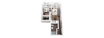 A floor plan of an apartment with a kitchen, living room, bedroom, and bathroom.