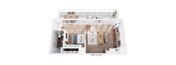 A floor plan of an apartment with a kitchen, living room, bed space, and bathroom.